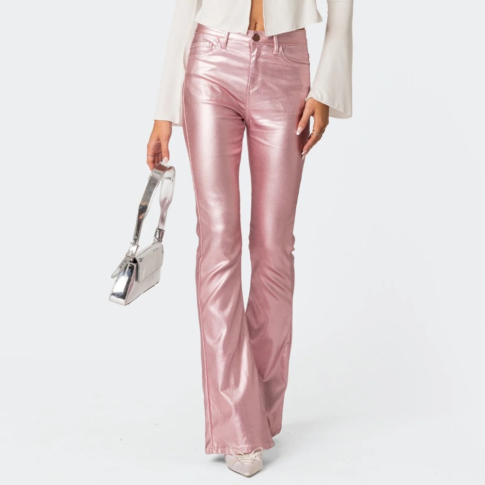 Edikted Pink Metallic Leather Flared Pants